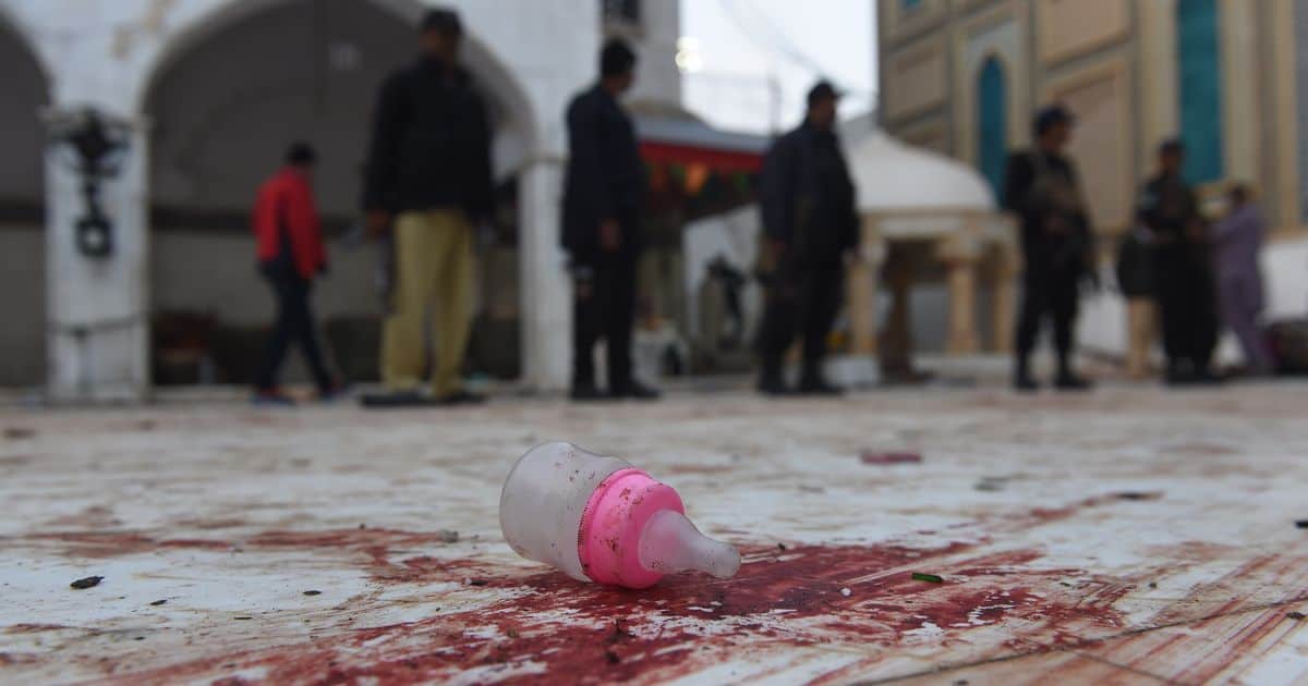 A child’s bottle forms part of the bloody debris at the shrine of Lal Shahbaz Qalandar.