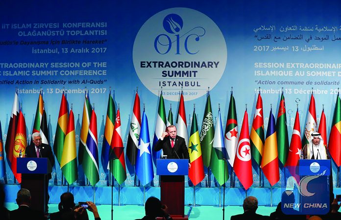 President of Turkey, Recep Tayyip Erdogan (center), and other OIC members at emergency summit held after US President Donald Trump declared Jerusalem the capital of Israel. President of Turkey, Recep Tayyip Erdogan (center), and other OIC members at emergency summit held after US President Donald Trump declared Jerusalem the capital of Israel.