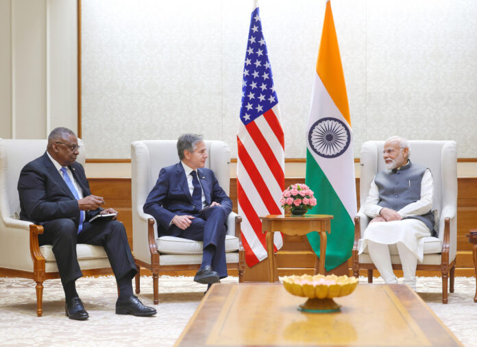 (L-r) Defense Secretary Lloyd Austin and Secretary of State Antony Blinken with India’s Prime Minister Narendra Modim on November 10. India Press Information Bureau.