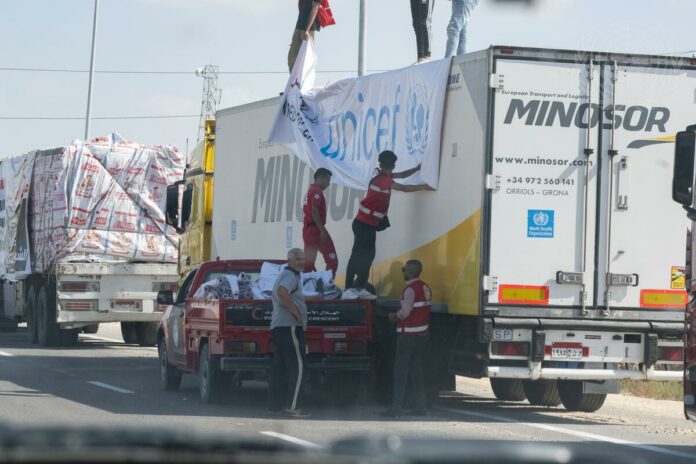 The Rafah border crossing between Gaza and Egypt with aid trucks leaving on October 20, the last time aid was delivered before November 1.