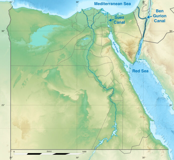 A map depicting the Red Sea, Suez Canal, Gulf of Aqaba and a plan for the Ben Gurion Canal, which would bypass the Egypt-controlled Suez Canal. Credit: Wikideas1
