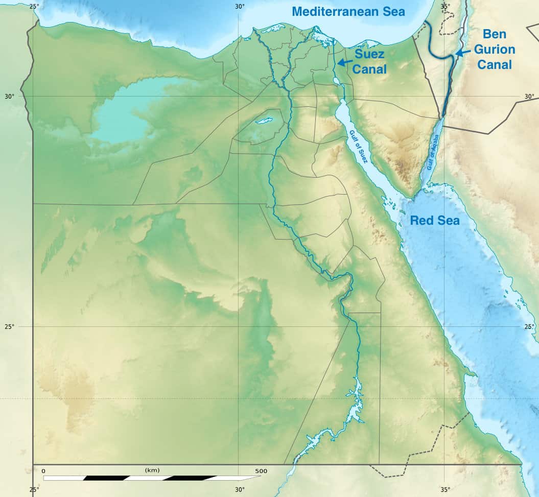 A map depicting the Red Sea, Suez Canal, Gulf of Aqaba and a plan for the Ben Gurion Canal, which would bypass the Egypt-controlled Suez Canal. Credit: Wikideas1
