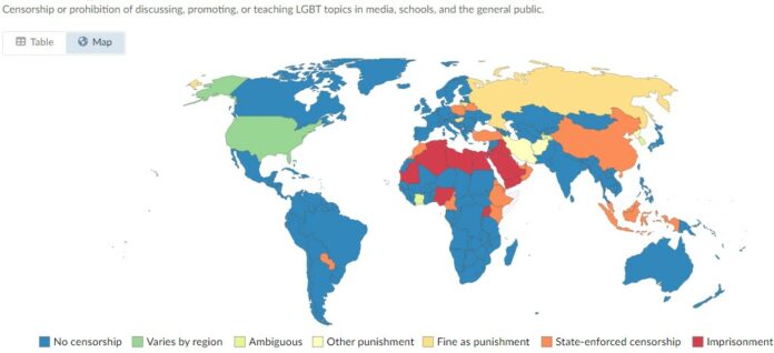 Worldwide status of censorship over LGBT. Equaldex (2023) via ourworldindata.org